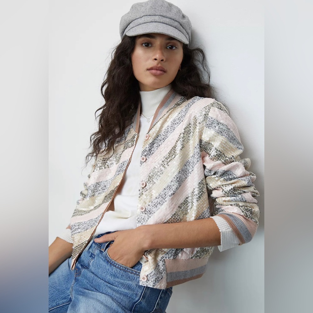 Bl-nk London Anthropologie Sadie Sequined Bomber Jacket Chevron Pink Silver M